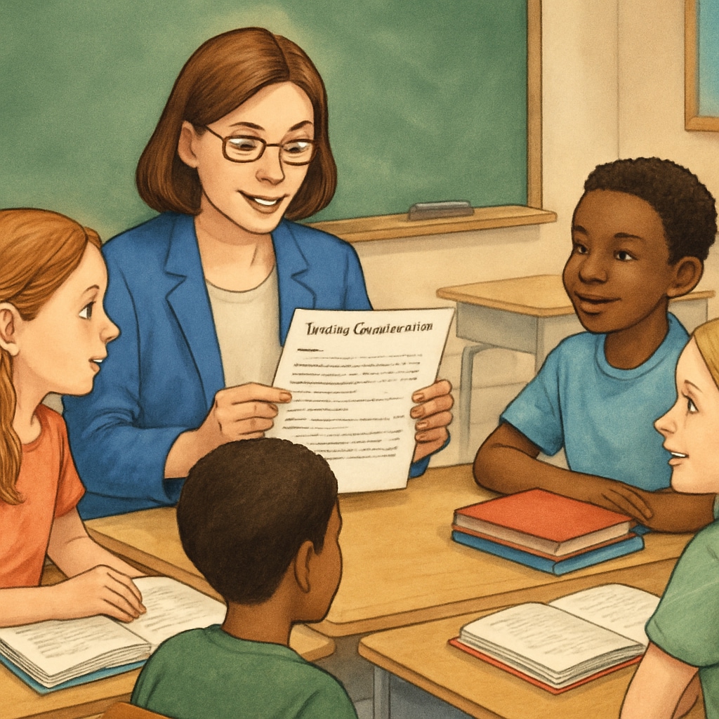 A teacher evaluating a reading comprehension exercise with students in a classroom setting. Teacher reviewing reading comprehension exercises with students, focusing on text complexity.