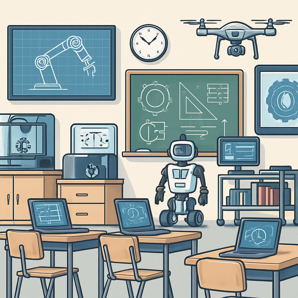 A classroom equipped with modern engineering-inspired learning tools, showcasing the blend of technology and education. Classroom featuring technology-integrated educational tools.