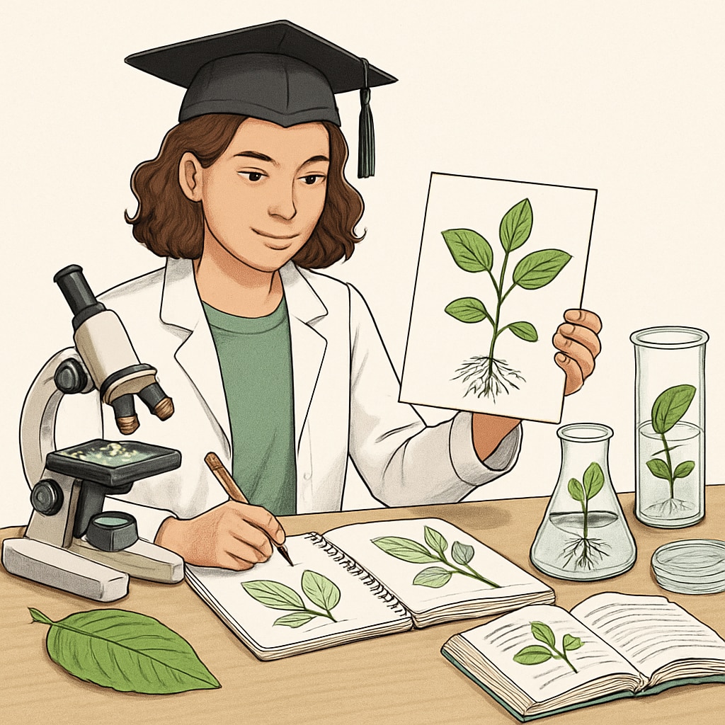 A biology graduate preparing educational materials, including experiment setups with microscopes and plant samples. Biology graduate integrating science into education through hands-on experiments.