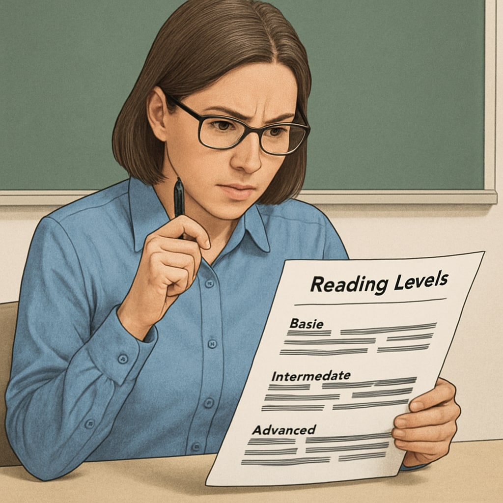 A close-up of a teacher analyzing a worksheet with diverse reading level indicators. Close-up of worksheet analysis for text complexity, tailored for reading comprehension.