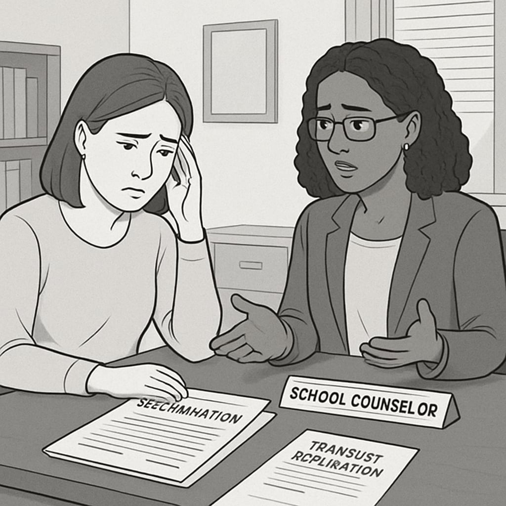 Parent speaking with a school counselor about discrimination concerns, highlighting transfer challenges.