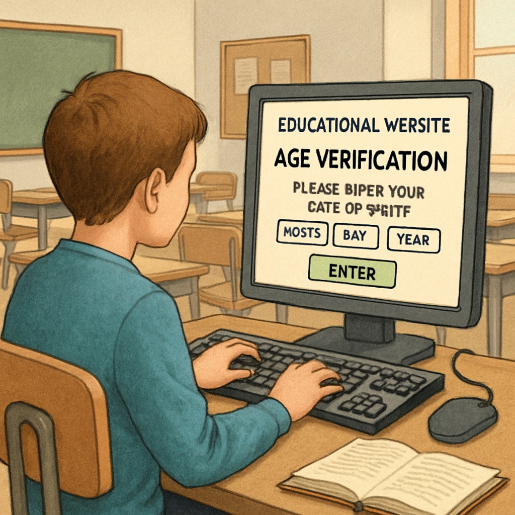 A student attempting to access an educational website on a school computer, only to encounter an age verification prompt. Age verification prompt encountered by a student while accessing educational content.
