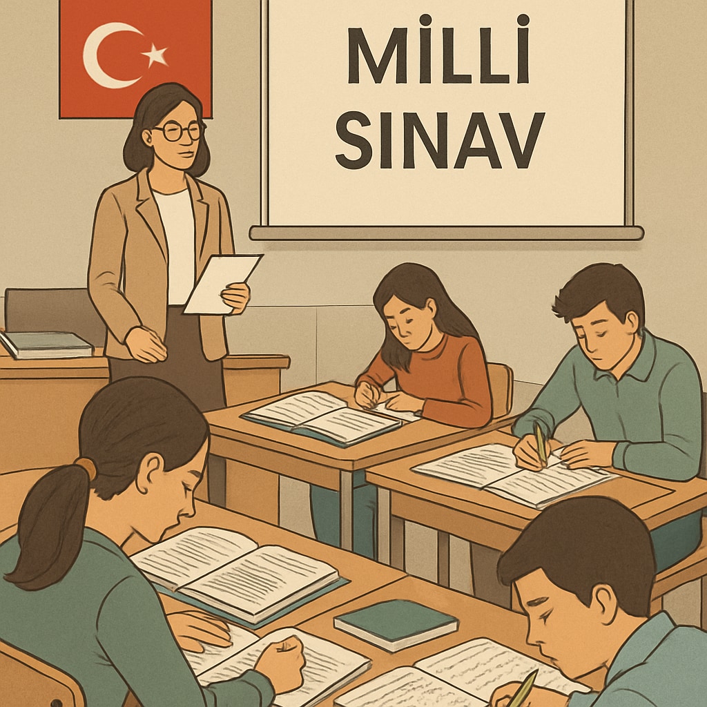 A classroom of Turkish students preparing for a national exam, with textbooks and practice papers spread over their desks. Turkish students studying for national exams under an exam-oriented education system.