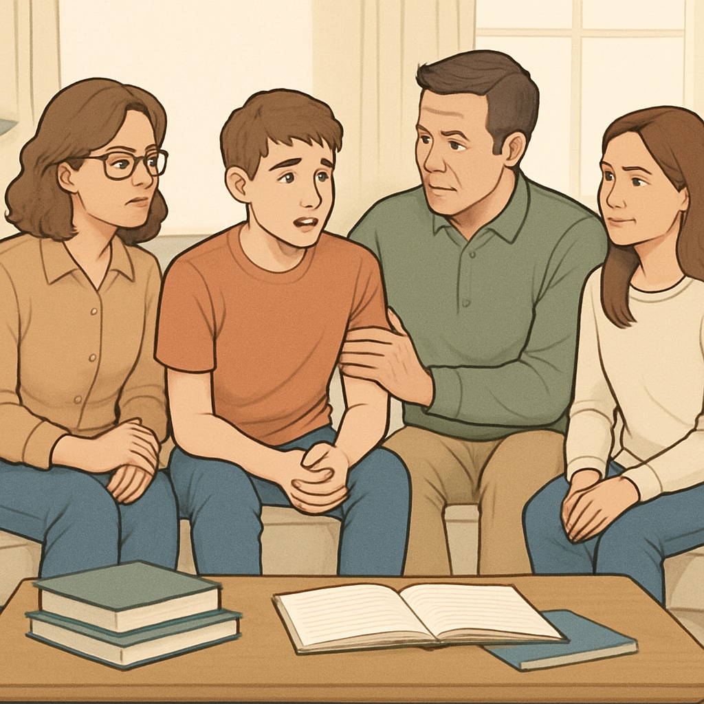 A supportive family having a conversation with their teenager about academic challenges, fostering open communication and understanding. Family discussing academic challenges and healthy habits with a teenager.