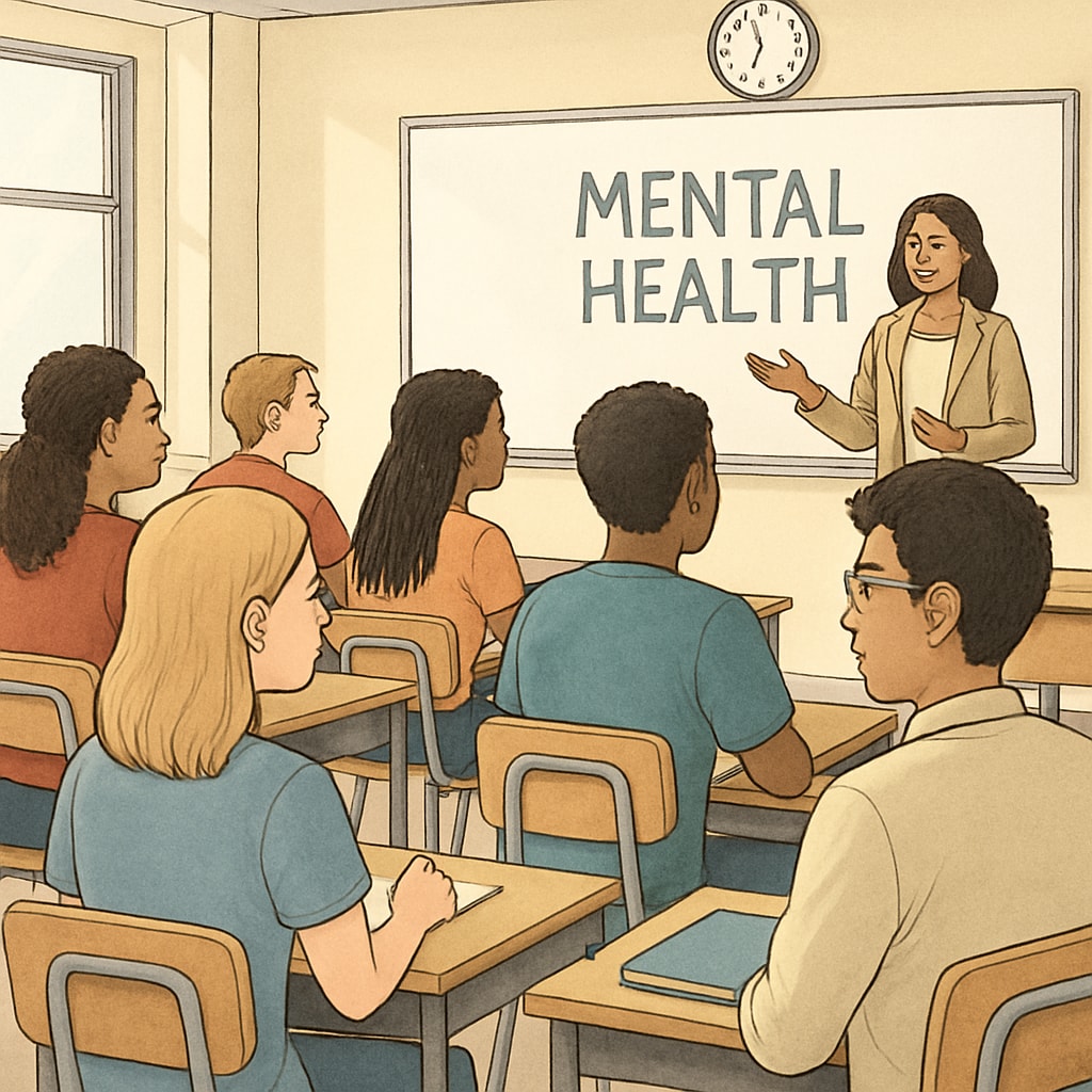 A diverse group of high school students attentively listening to a seminar on mental health, seated in a well-lit classroom setting. High school students attending a mental health seminar hosted by medical students.