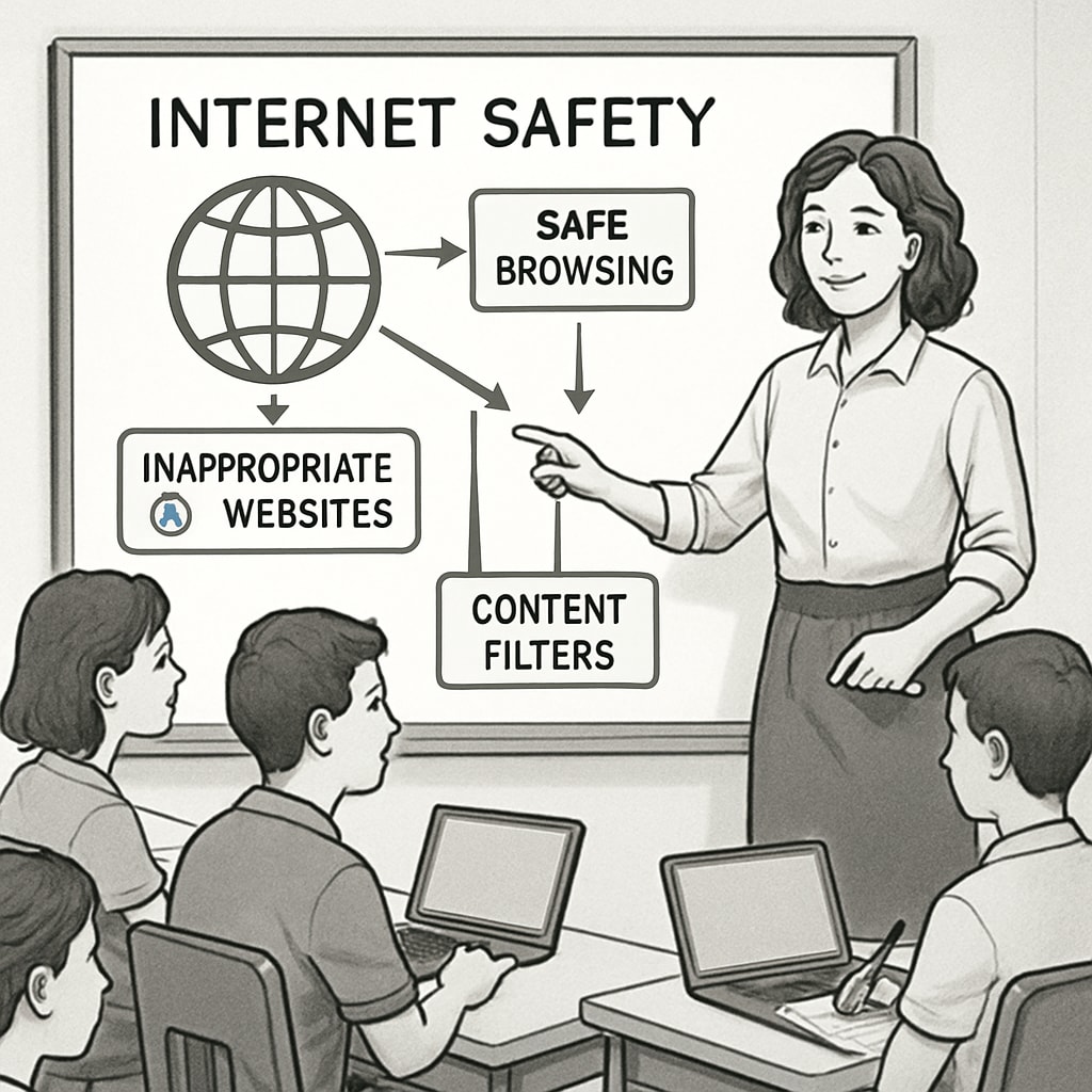 A teacher guiding students on how to responsibly navigate the internet despite content filters. Teacher advising students on navigating the internet under content restrictions.