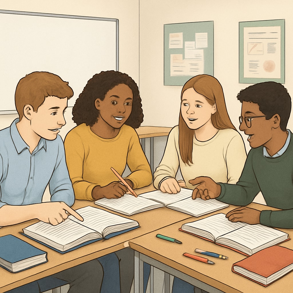 A group of UK students discussing their A Levels coursework in a collaborative classroom setting. UK students engaging in group study under the flexible A Levels education system.