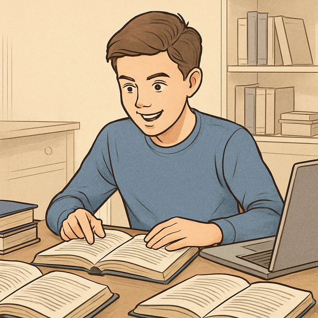 A teenager studying enthusiastically with books and a laptop, showcasing renewed interest in academics and learning. Teenager embracing study habits and academic motivation.