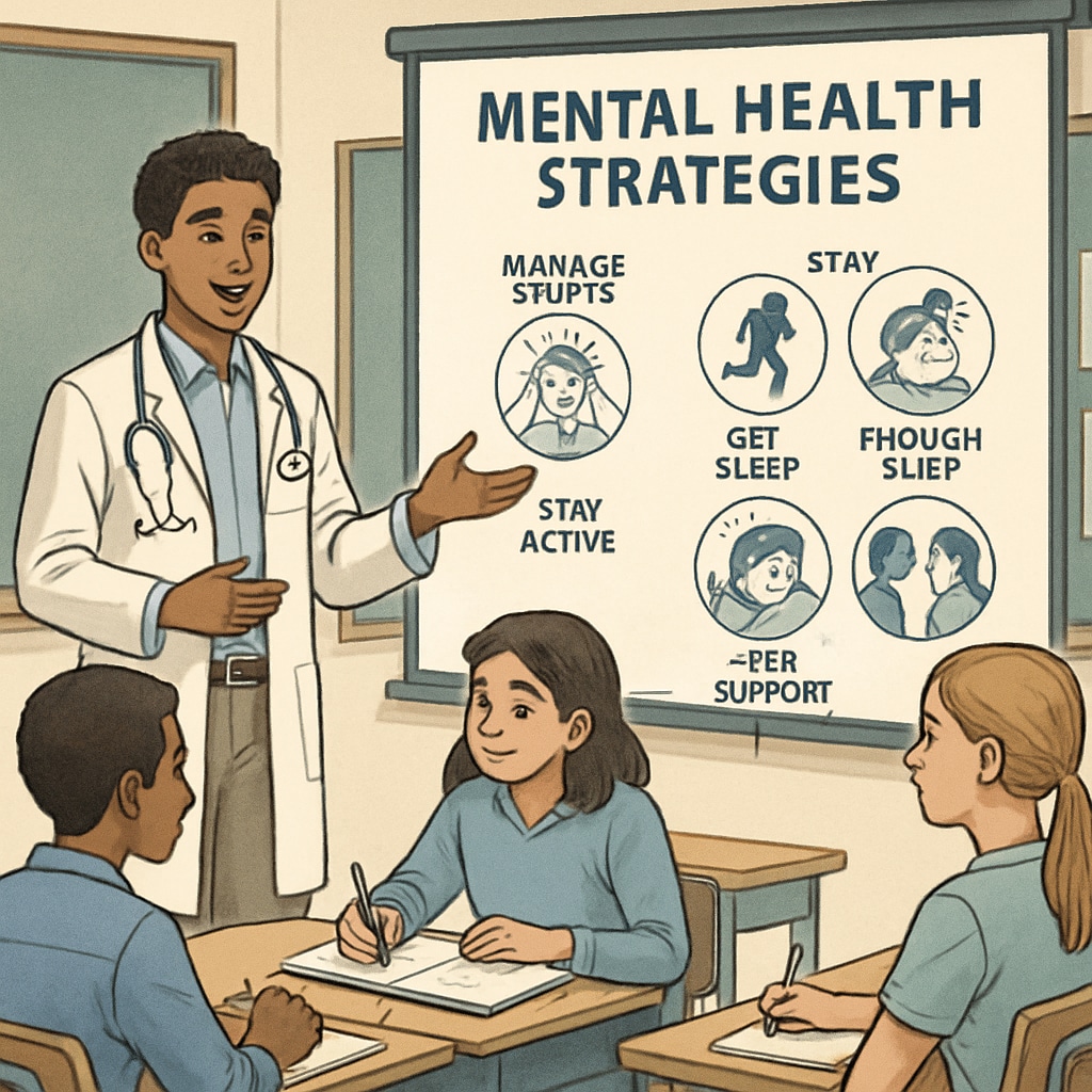 A medical student presenting a slideshow on mental health strategies, with a group of high school students interacting and taking notes. Medical student delivering a mental health seminar to high school students.