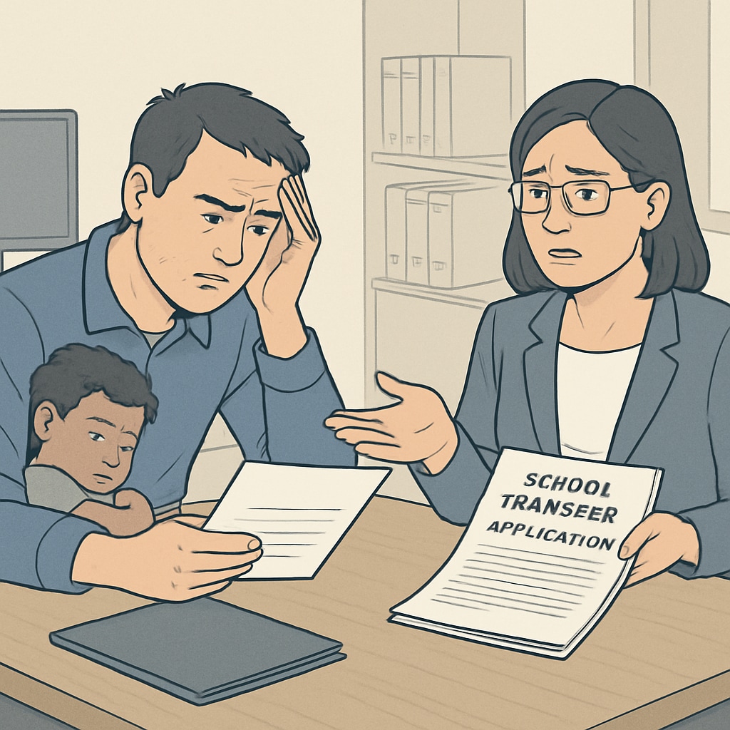A frustrated parent reviewing transfer application documents with a school administrator in an office setting. The image highlights the challenges families face during school district transfers due to administrative barriers. Parent discussing school district transfer paperwork with an administrator, highlighting systemic obstacles in education.