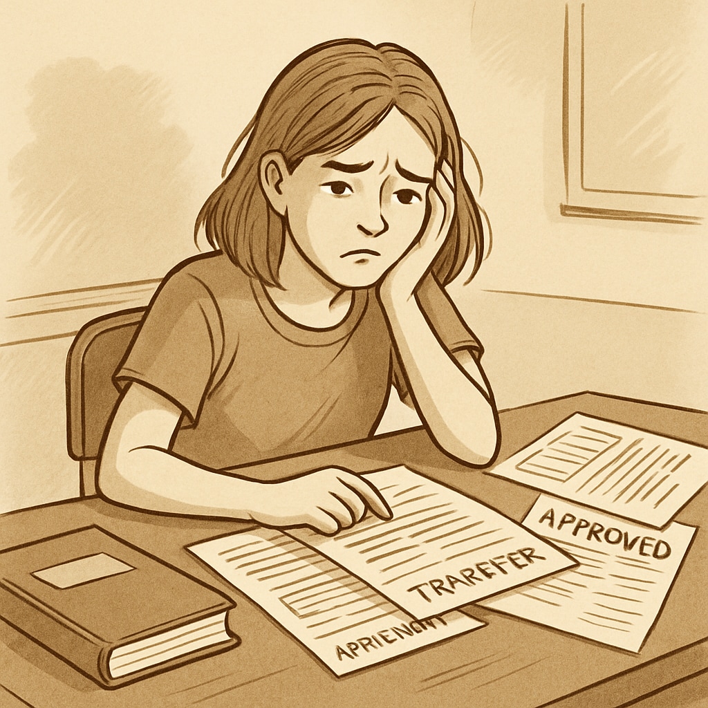 A distressed teenage girl sitting at a desk with school paperwork scattered around. The image illustrates the emotional toll of bureaucratic barriers during school transfers. Teen girl struggling with school paperwork, highlighting school transfer barriers