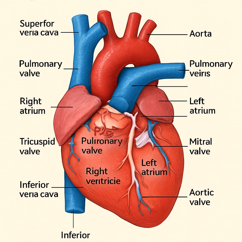 A colorful diagram showing the basic anatomy of the human heart, designed for educational purposes. Diagram of the human heart for K12 medical education.