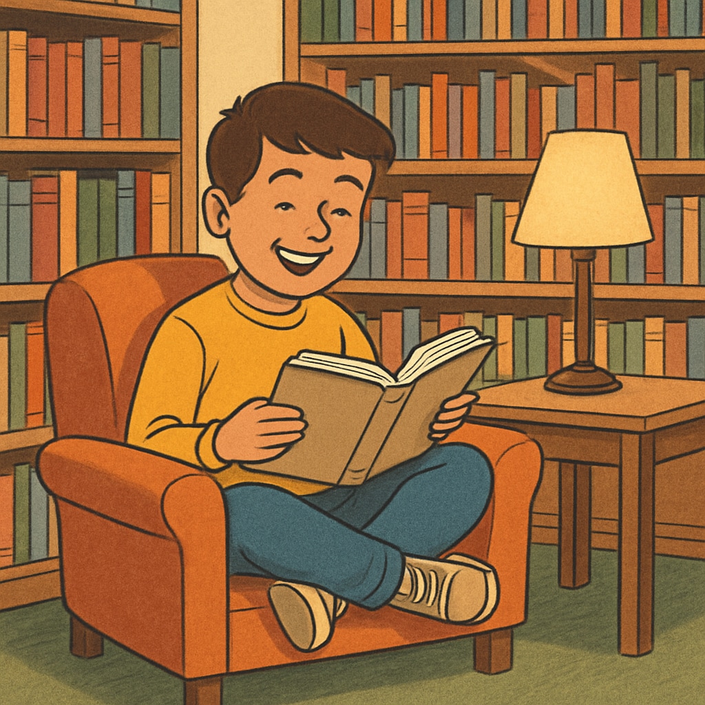A student reading a book in a cozy library corner, symbolizing the joy of reading. Elementary student reading a book to promote reading comprehension.