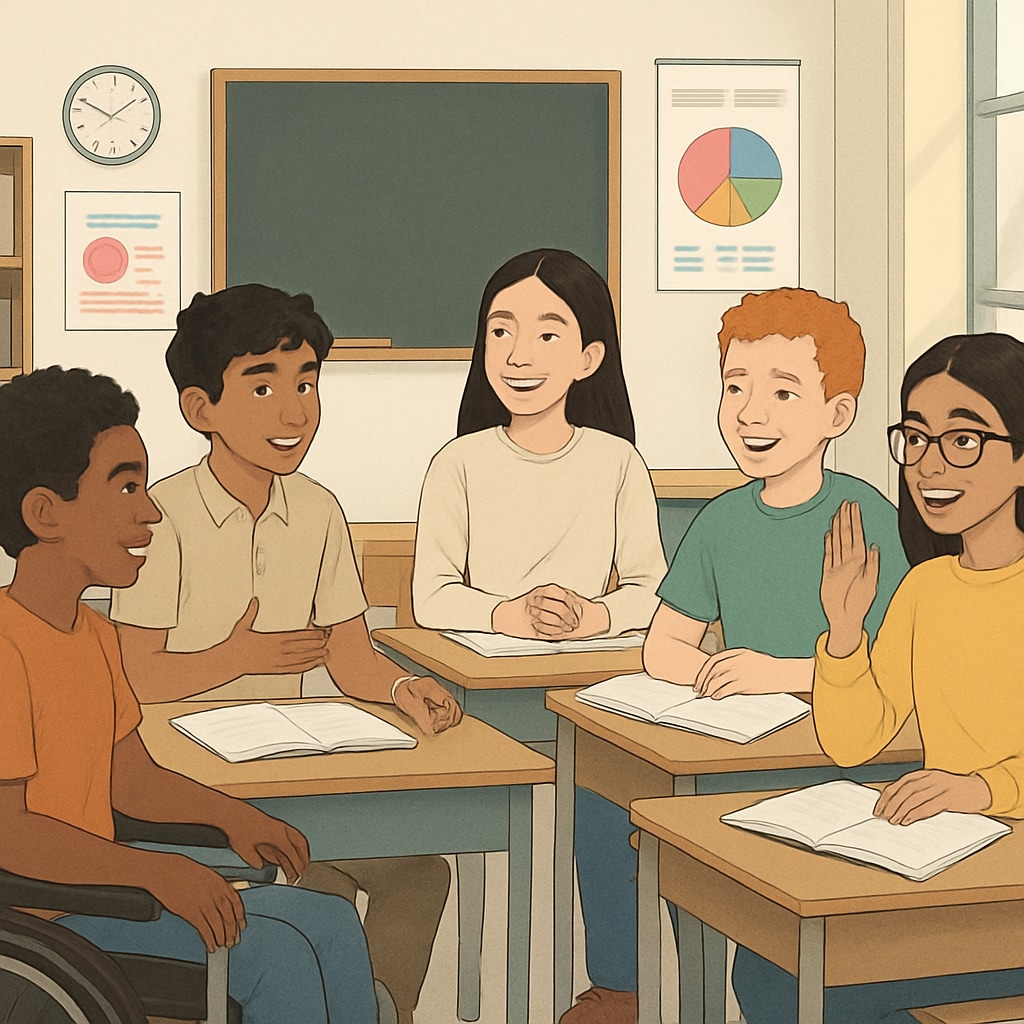 A diverse group of students sitting in a classroom, representing inclusivity and equitable treatment. The image connects to the discussion of discrimination and the need for fair transfer policies. Students in a classroom representing inclusivity and fairness in school district transfers.