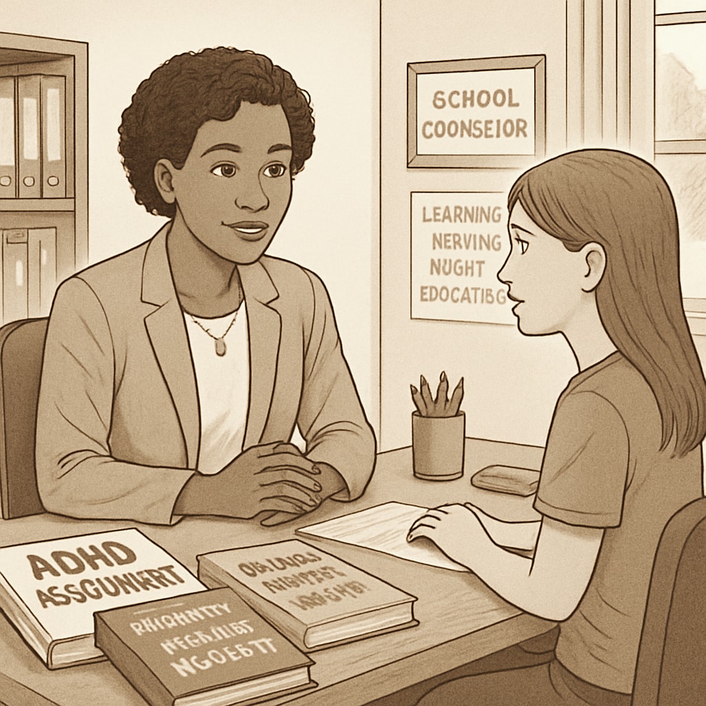 A school counselor talking to a student with supportive materials and ADHD resources visible on the table. The image emphasizes the importance of timely evaluations and support systems. School counselor discussing ADHD resources with a student during school transfer