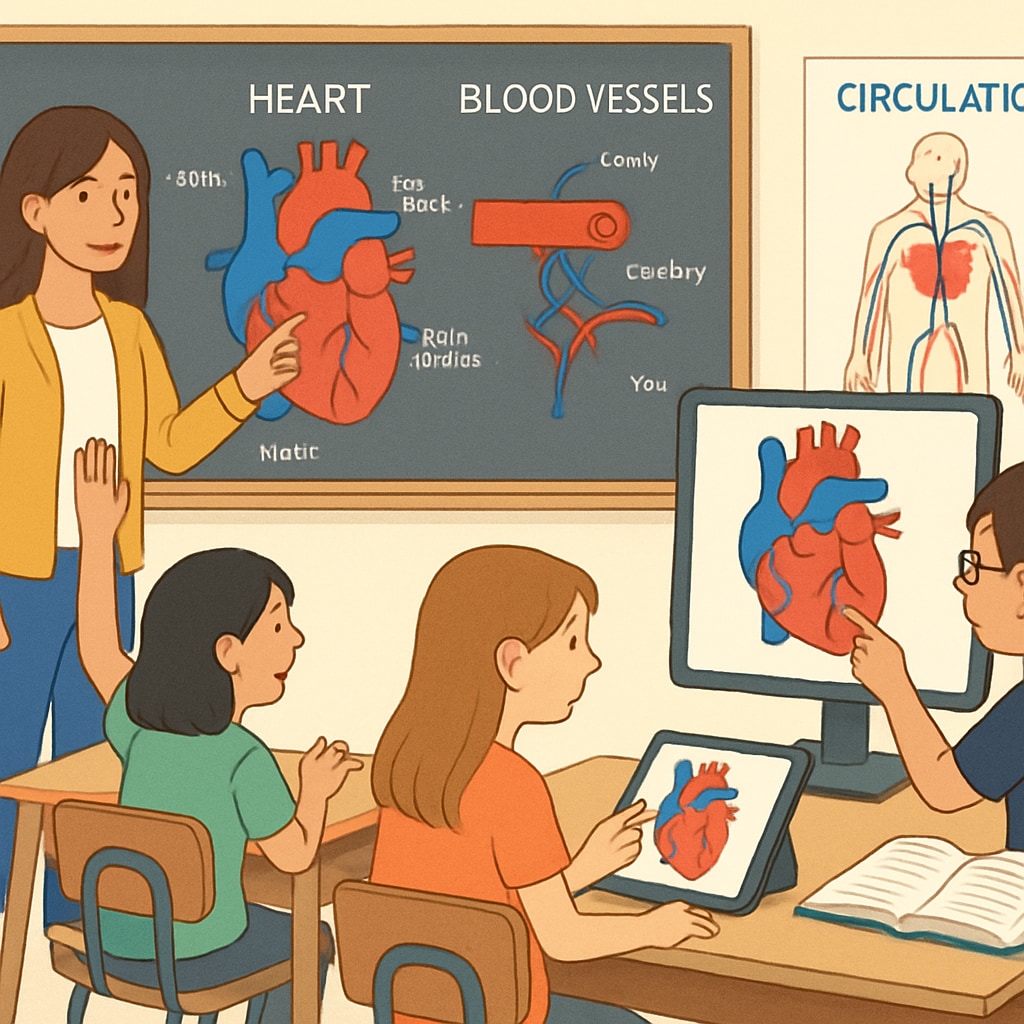 A classroom setting where students are using interactive tools to explore the human cardiovascular system. Students learning about the cardiovascular system through interactive tools.