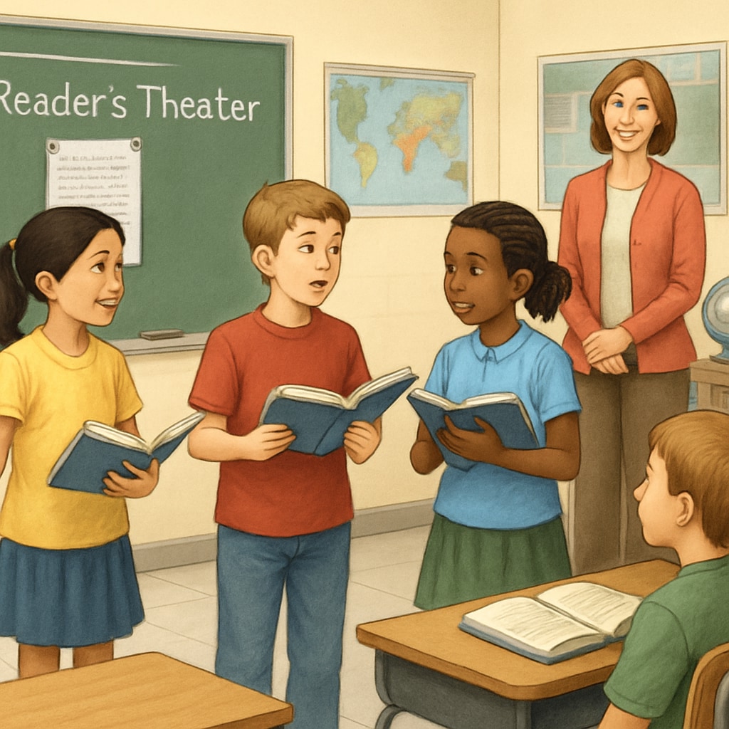 Children performing a scene from a book in a classroom setting, showcasing Reader’s Theater. Students acting out a story during a reading activity.