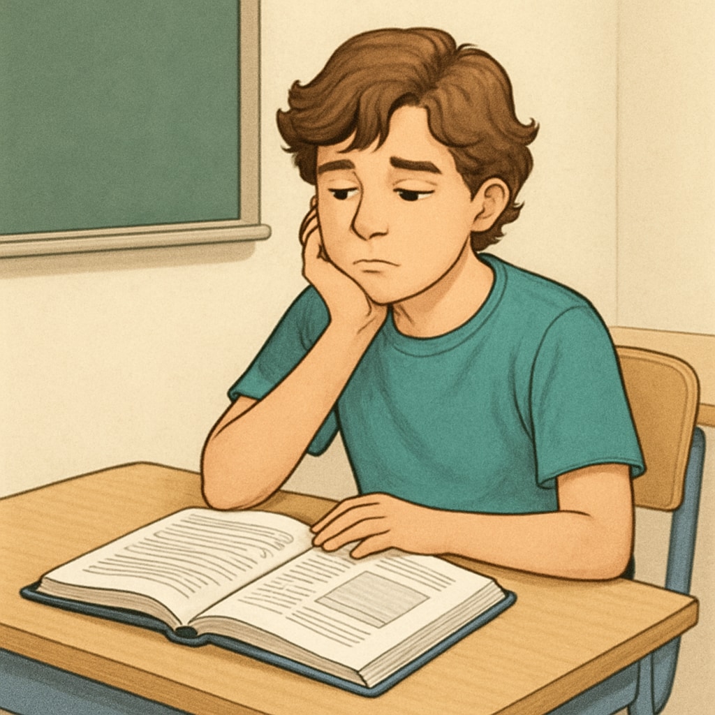 A middle school student sitting by a desk, appearing disengaged while looking at a textbook. Teen sitting at a desk looking disengaged, symbolizing academic challenges.