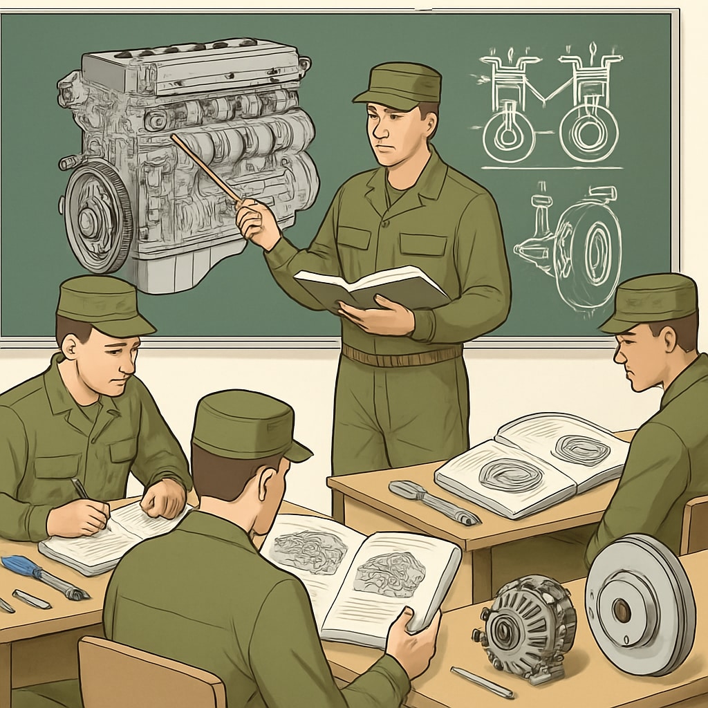 A group of military personnel studying automotive engineering in a classroom setting. Military personnel learning about automotive technology in a classroom.