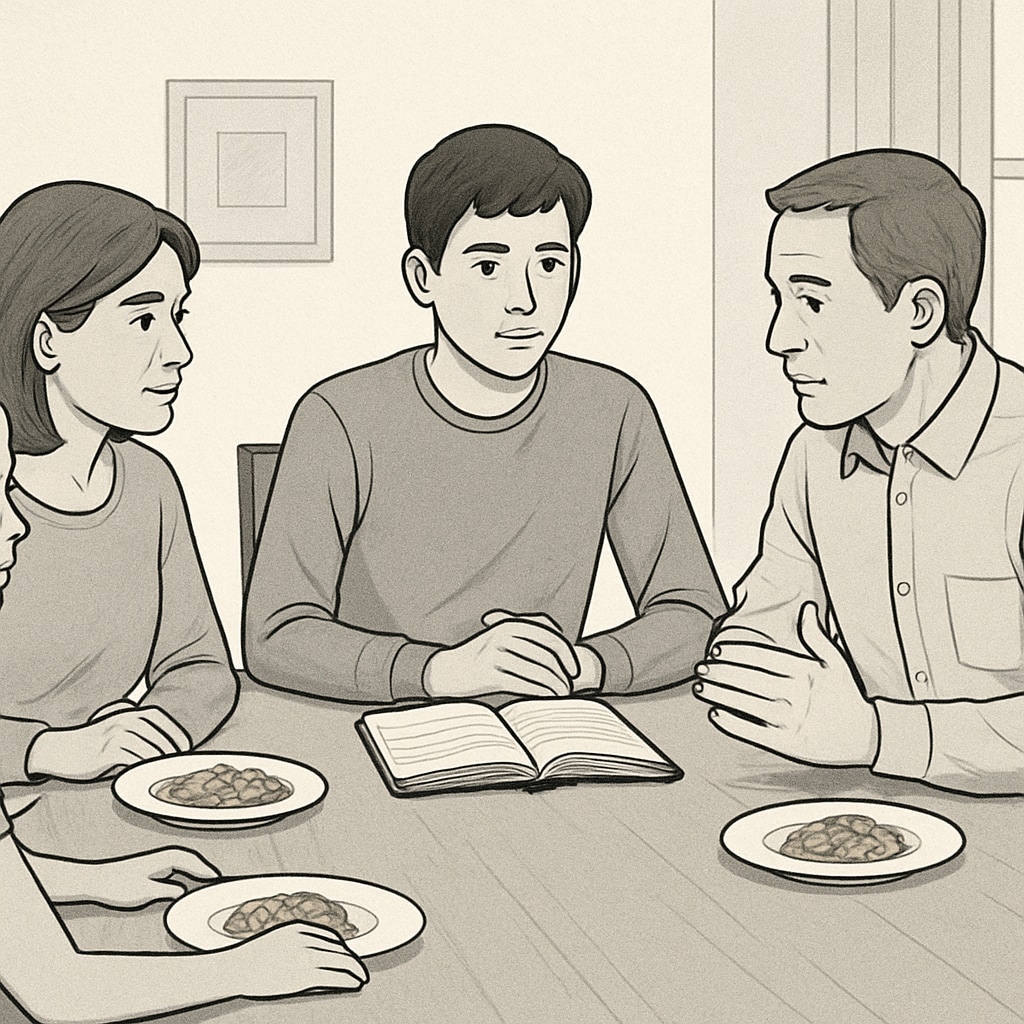 A family sitting at a dining table, discussing the teen’s goals and academic progress. Family discussing goals and progress to encourage teen development.