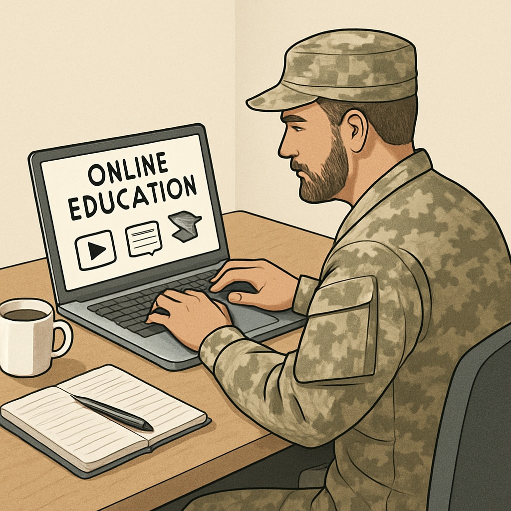 A veteran using a laptop to access online education resources. Veteran accessing online education for automotive technology degree.