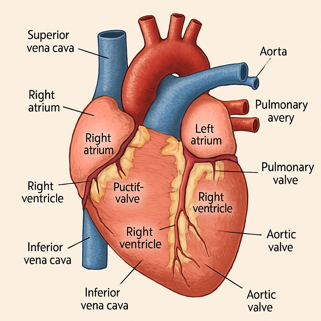 A detailed diagram illustrating the heart's anatomy, highlighting key structures like valves and chambers for beginner-level cardiology education. Beginner-friendly heart anatomy diagram for understanding cardiology concepts.