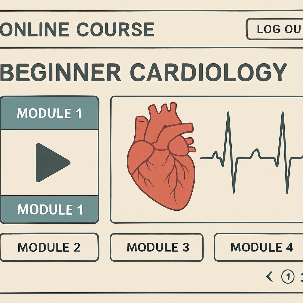 A screenshot of an online course interface showcasing beginner-friendly cardiology modules, emphasizing interactive and modular learning. User-friendly cardiology course interface designed for non-medical audiences.