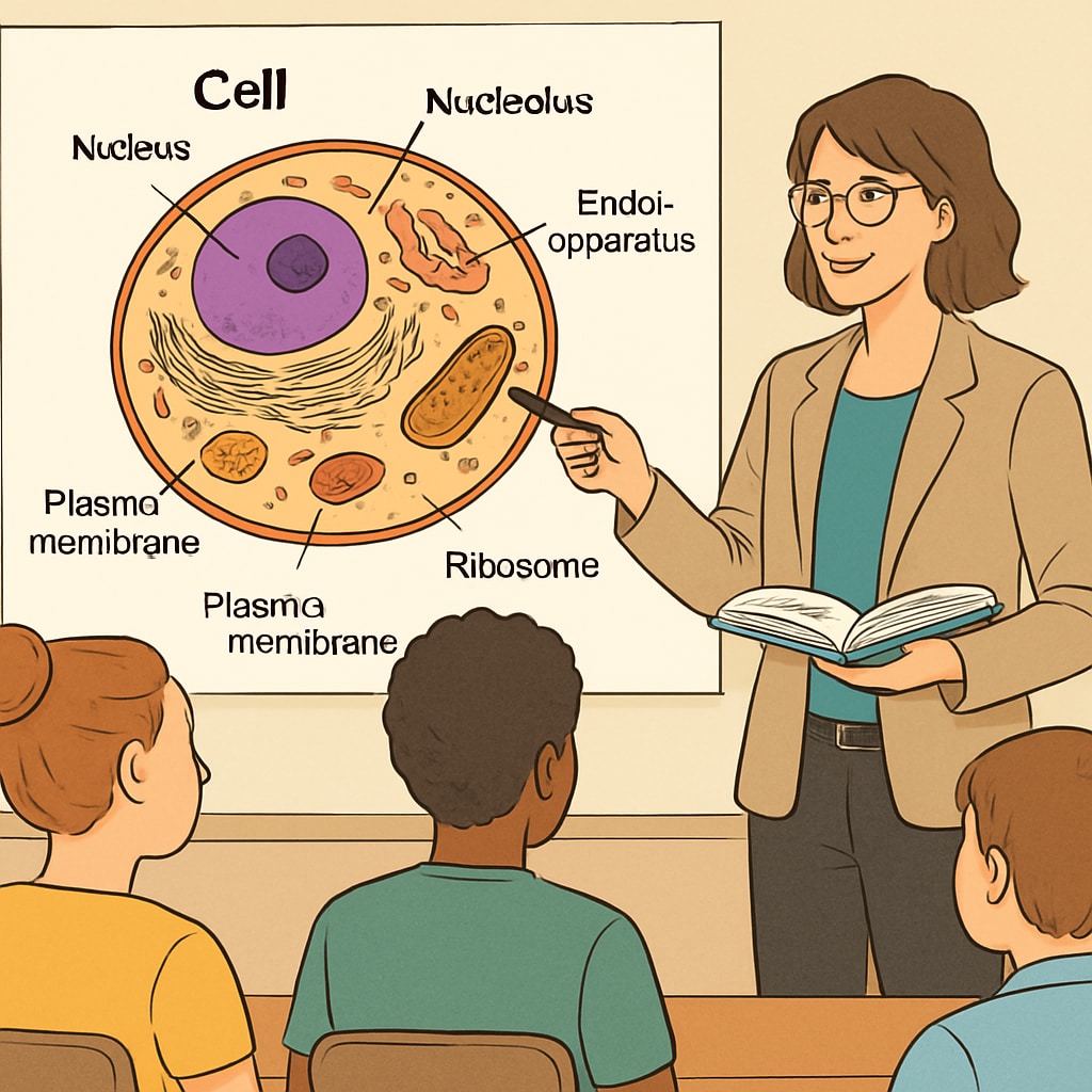 Biology teacher explaining cell structure in a classroom setting.