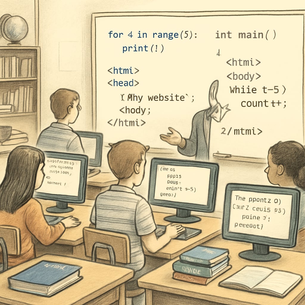 Students learning programming in a classroom—a key step in IT career planning.