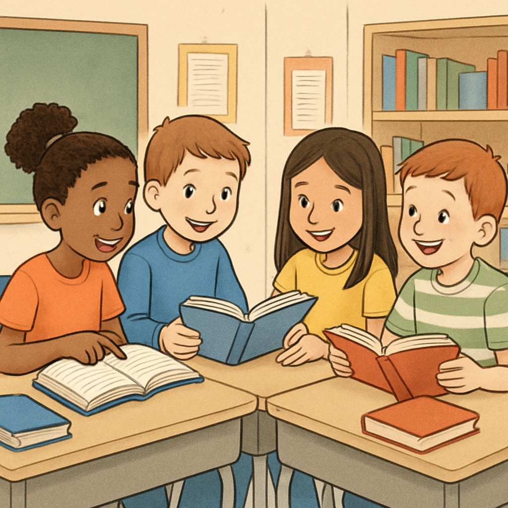 Elementary students reading books together, promoting reading comprehension and interest.