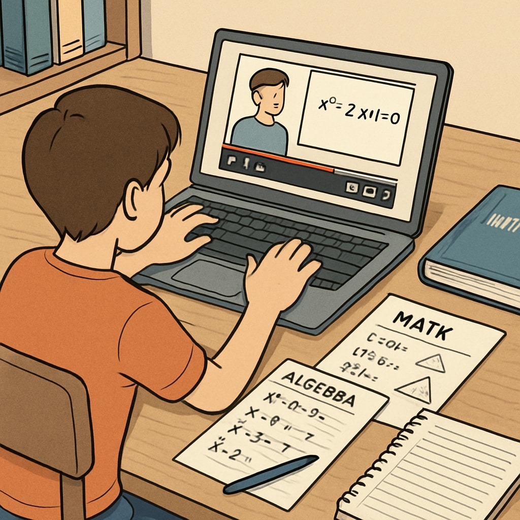 Student studying for math aptitude tests with YouTube tutorials and practice materials.