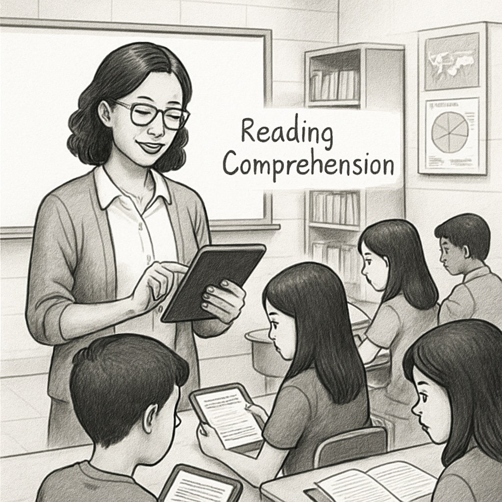 Teacher assigning digital reading tasks, highlighting free reading comprehension tools.
