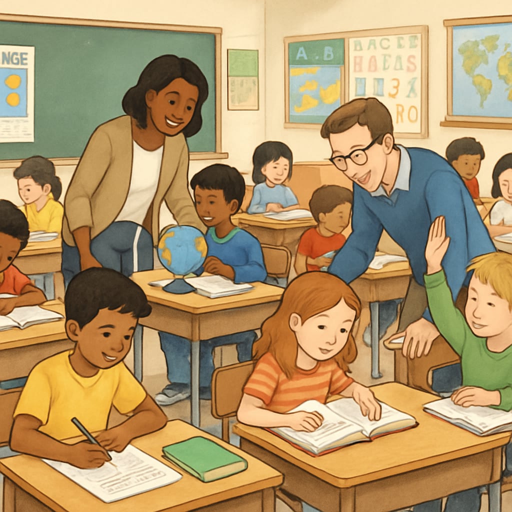 Public school classroom with students and teachers working together.