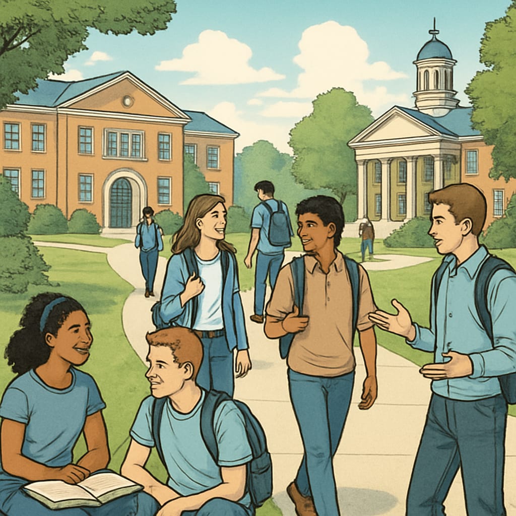 Students interacting on campus grounds, reflecting the vibrant social environment of university life. Students enjoying social interaction on campus grounds.