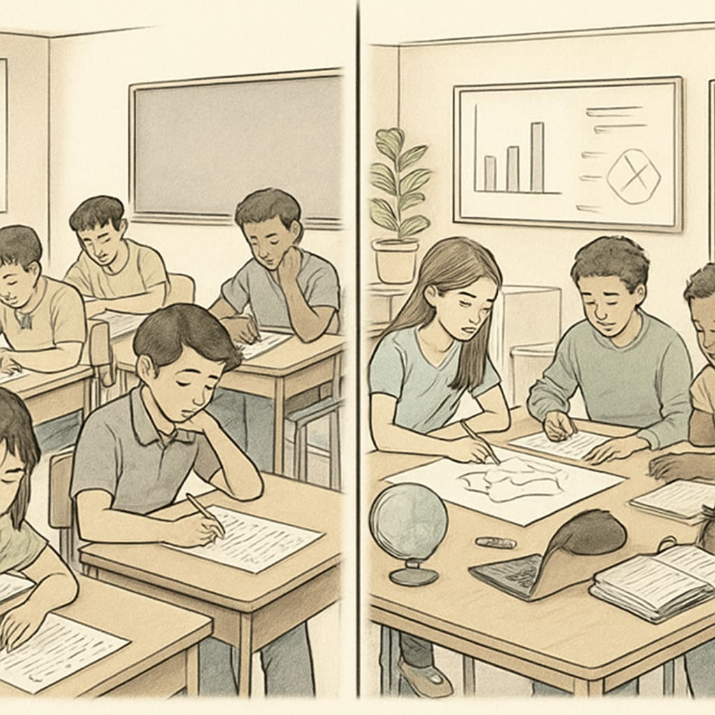 A side-by-side comparison of students in a Chinese classroom with standardized test papers and American students engaging in project-based learning. Chinese students with test papers and American students in project-based learning.