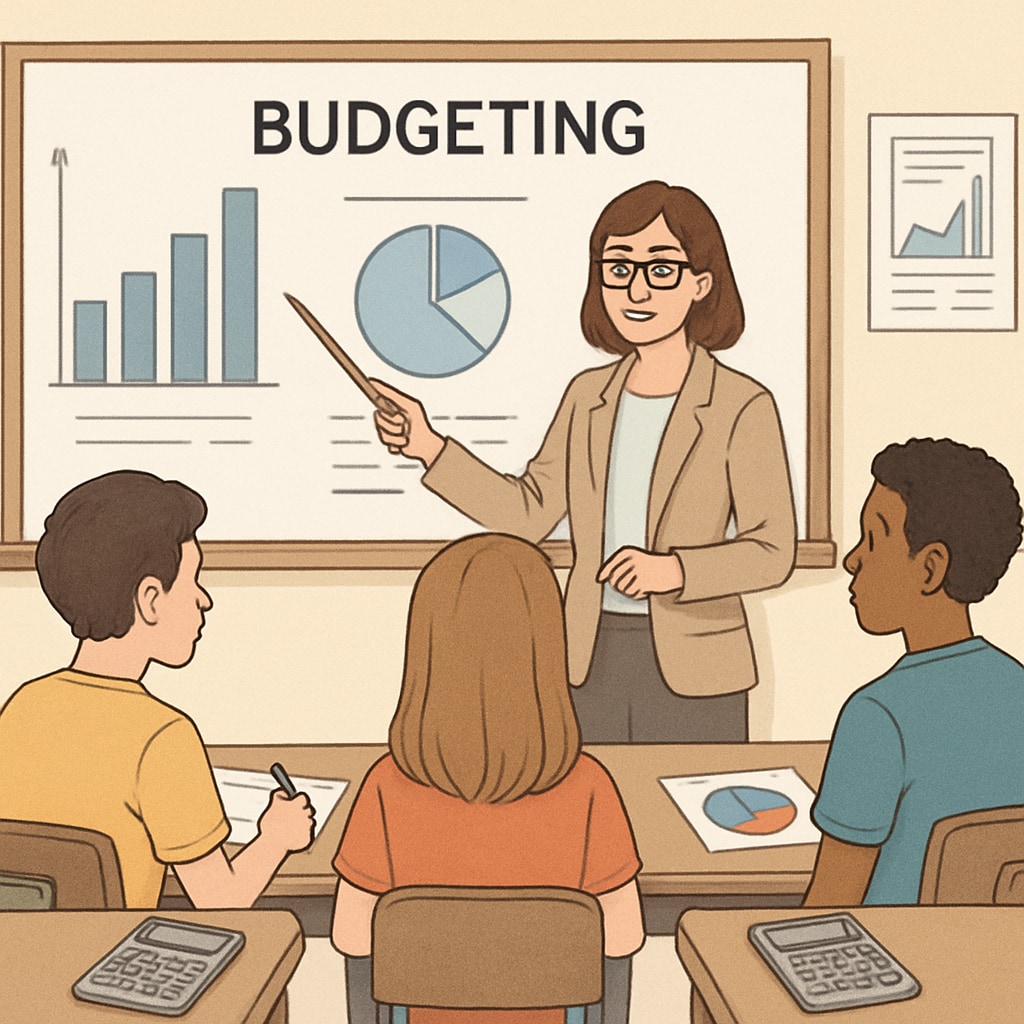 A classroom setting where a teacher is explaining budgeting concepts to students, with charts and calculators visible. A teacher explaining financial literacy concepts in a classroom setting.
