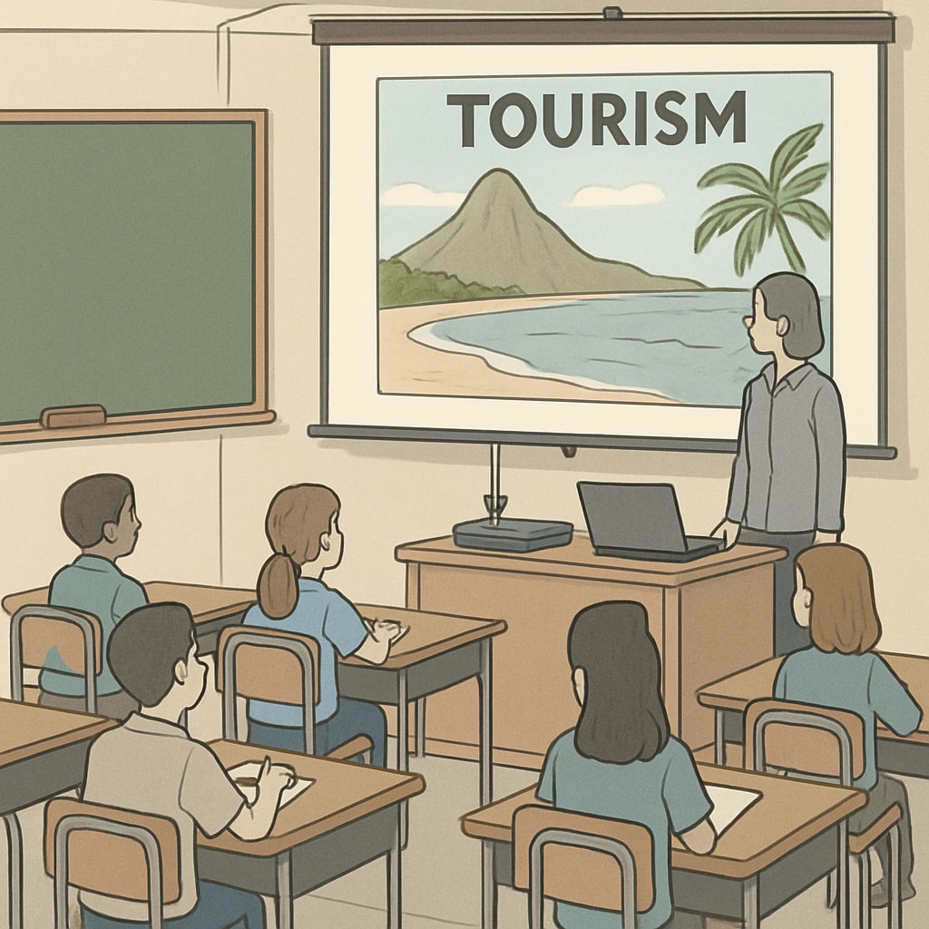 Students watching a tourism short video in a classroom to enhance K12 learning experiences.