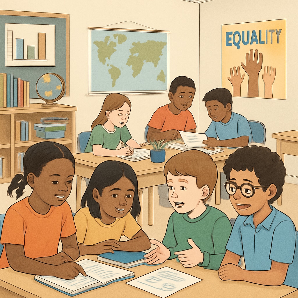 An American classroom with diverse students collaborating on group projects, showcasing equity and holistic learning. Diverse students collaborating in an American classroom.