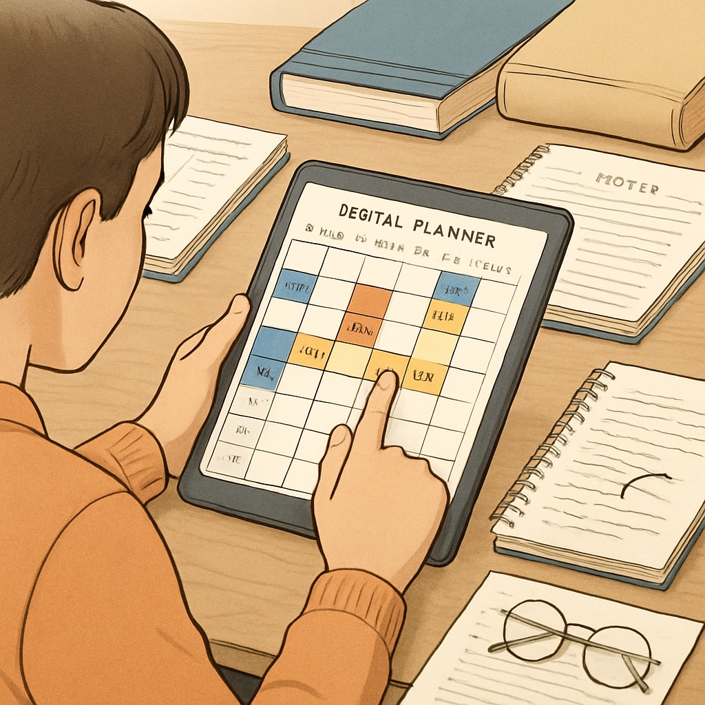 A student using a planner or calendar app on a tablet, surrounded by notebooks and study materials. A student practicing time management using a planner and study tools.