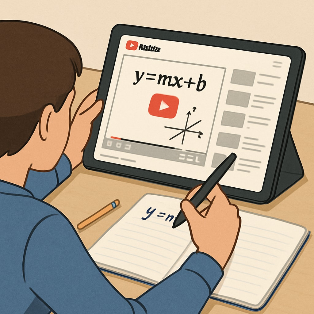 A person studying on a tablet with YouTube open, showing a math tutorial video. Learning math through YouTube for campus recruitment tests.