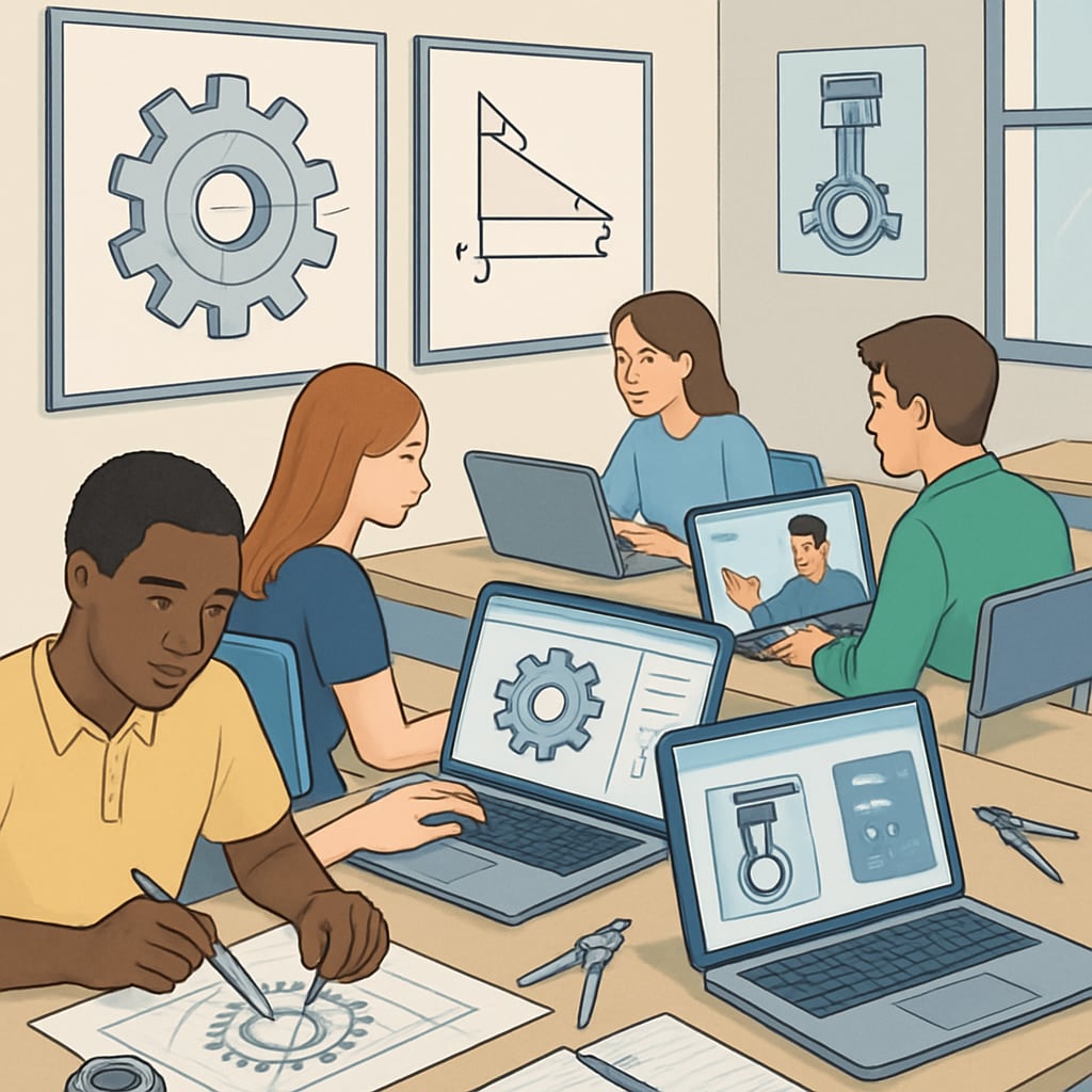 Students combining mechanical engineering coursework with online learning tools.
