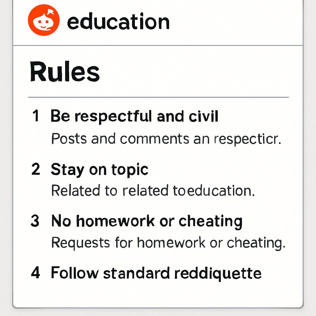 A screenshot of a Reddit education subreddit’s rules section, highlighting key guidelines for participation. Reddit education subreddit rules section