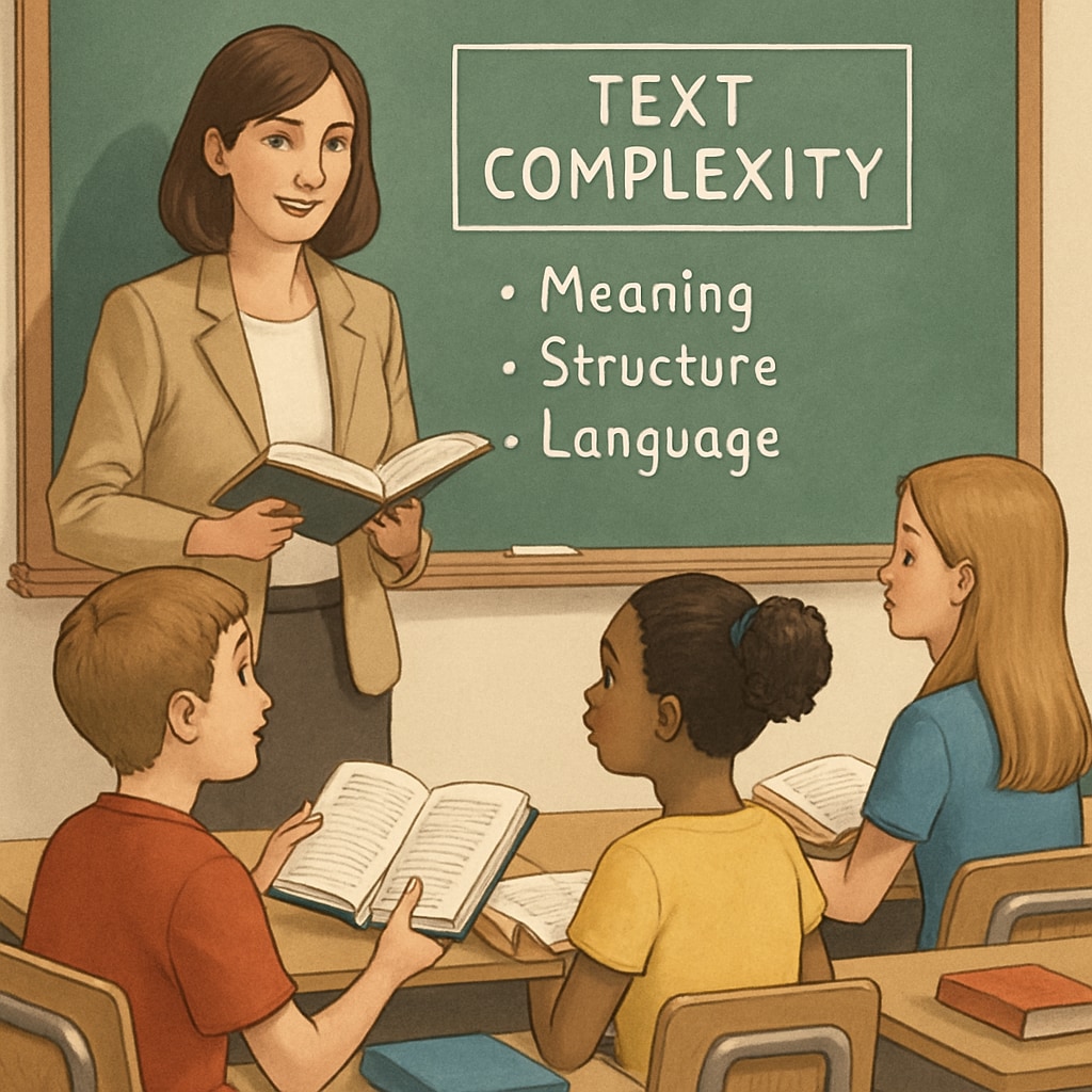 A teacher engaging with students in a classroom while evaluating a book's text complexity. Teacher discussing text complexity with students to improve reading comprehension.