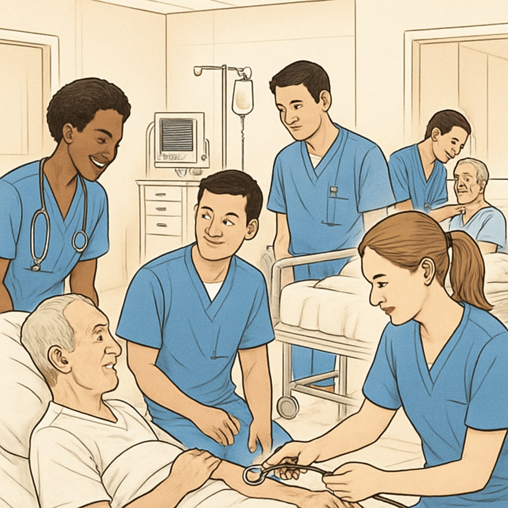 Nursing students in a clinical environment applying hands-on skills.