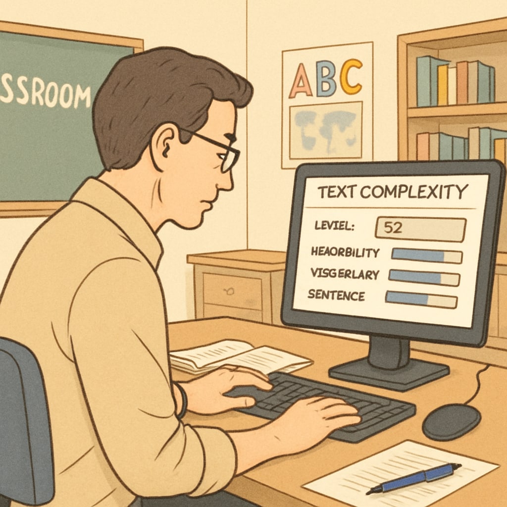 A teacher reviewing a digital text complexity tool on their computer. Teacher analyzing text complexity using a digital tool for reading research.