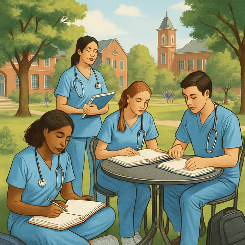 Nursing students enjoying campus life while studying outdoors.