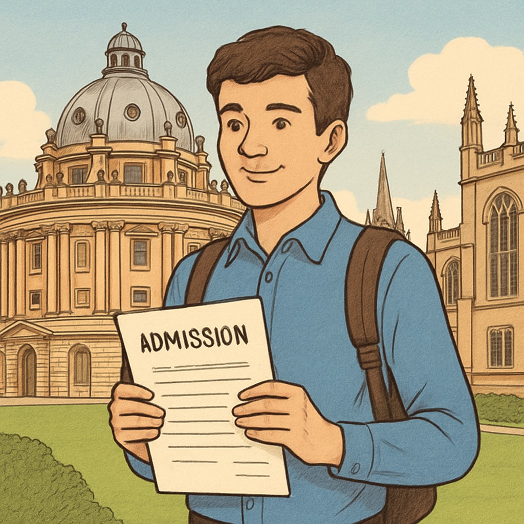 A young student standing outside Oxford University, looking hopeful as they hold admission documents. Immigrant student outside Oxford University, holding admission documents.