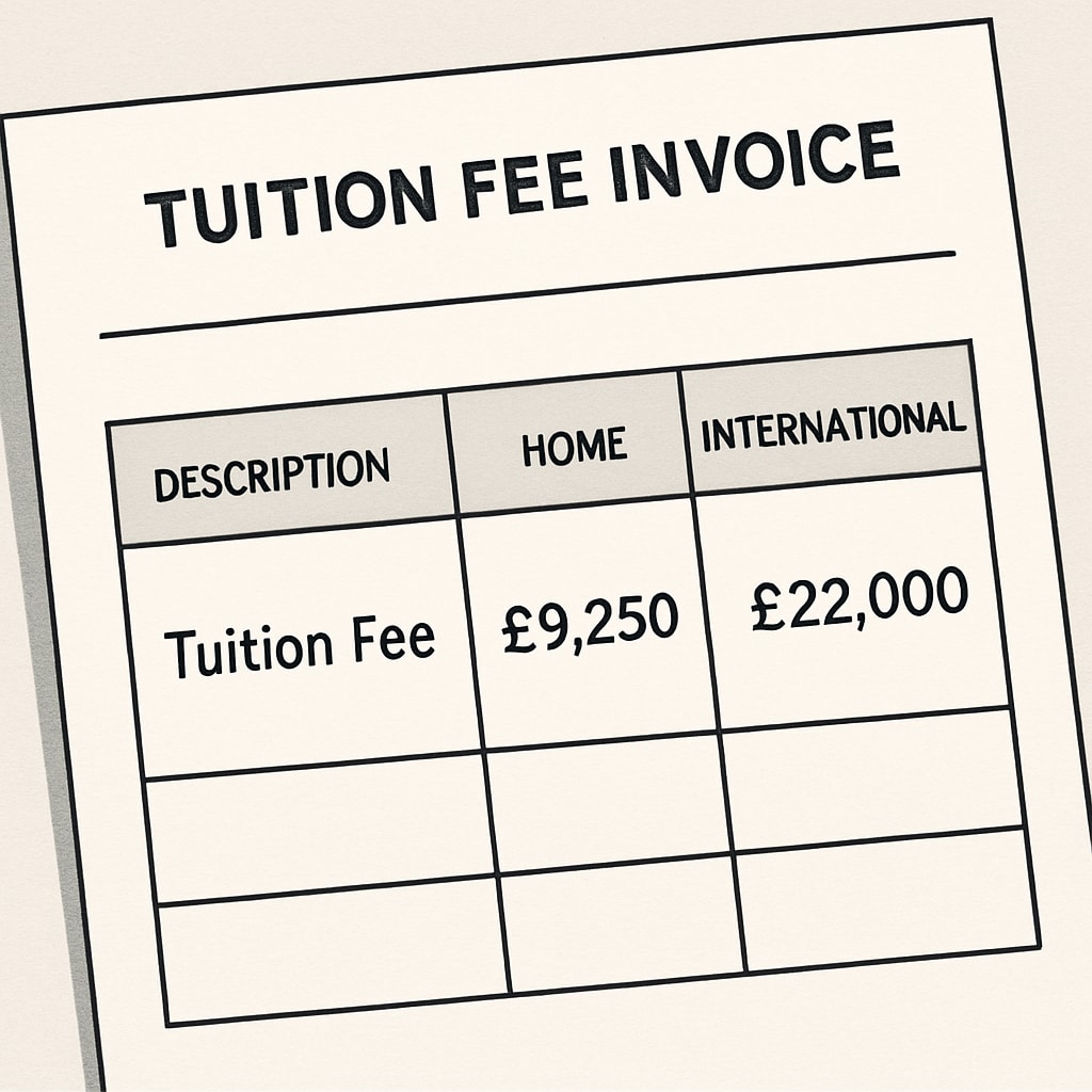 A close-up of a tuition fee invoice showing the stark difference between home and international fees in the UK. UK tuition fee invoice comparing home and international student costs.