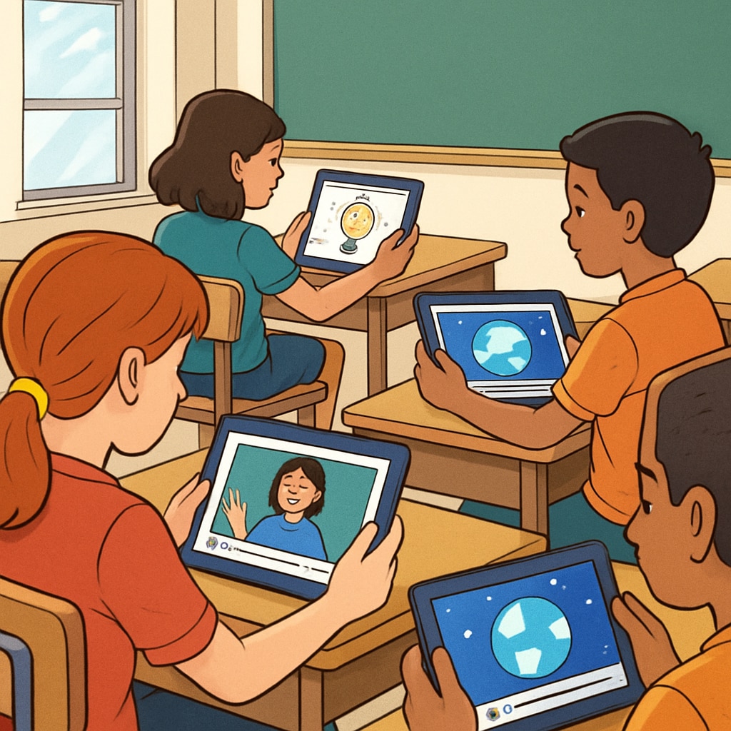 Students using tablets to watch educational short videos in a K12 classroom.