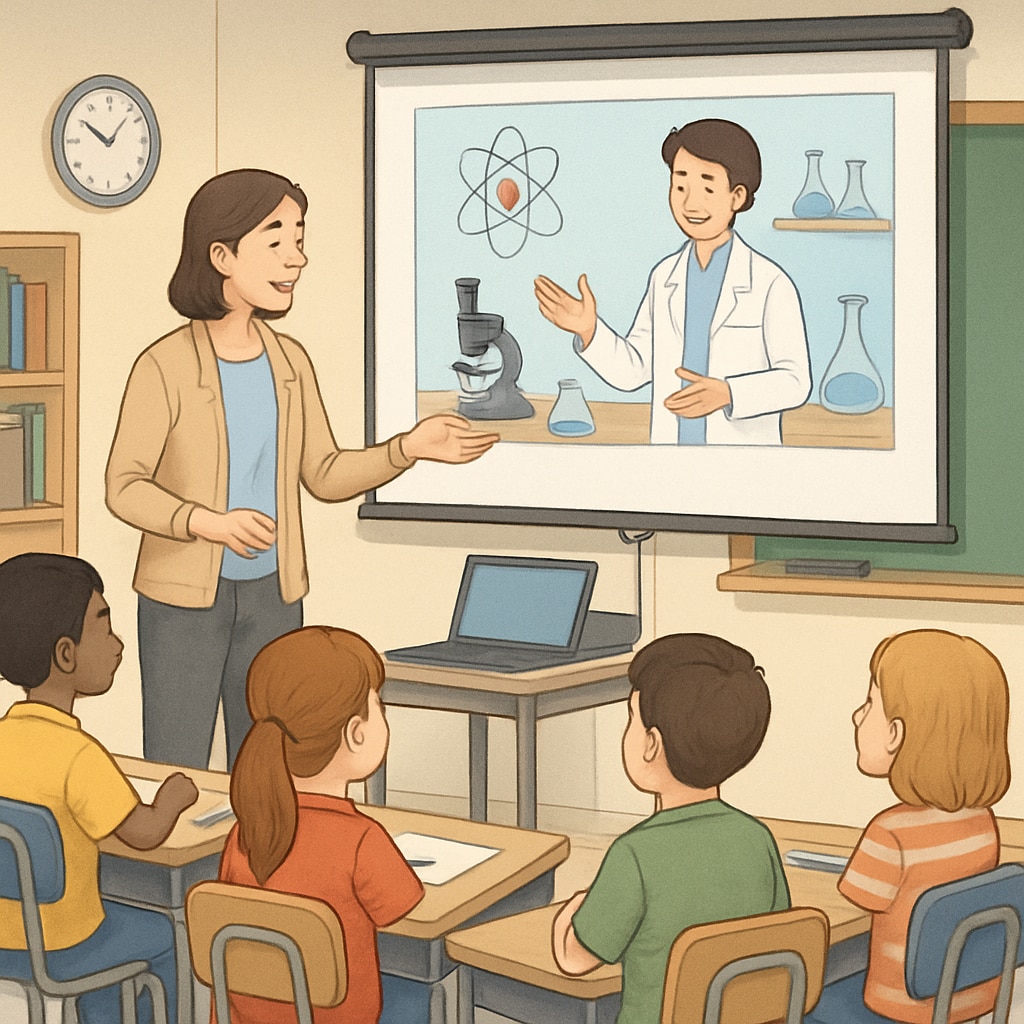 Teacher presenting an educational short video to K12 students using a projector.